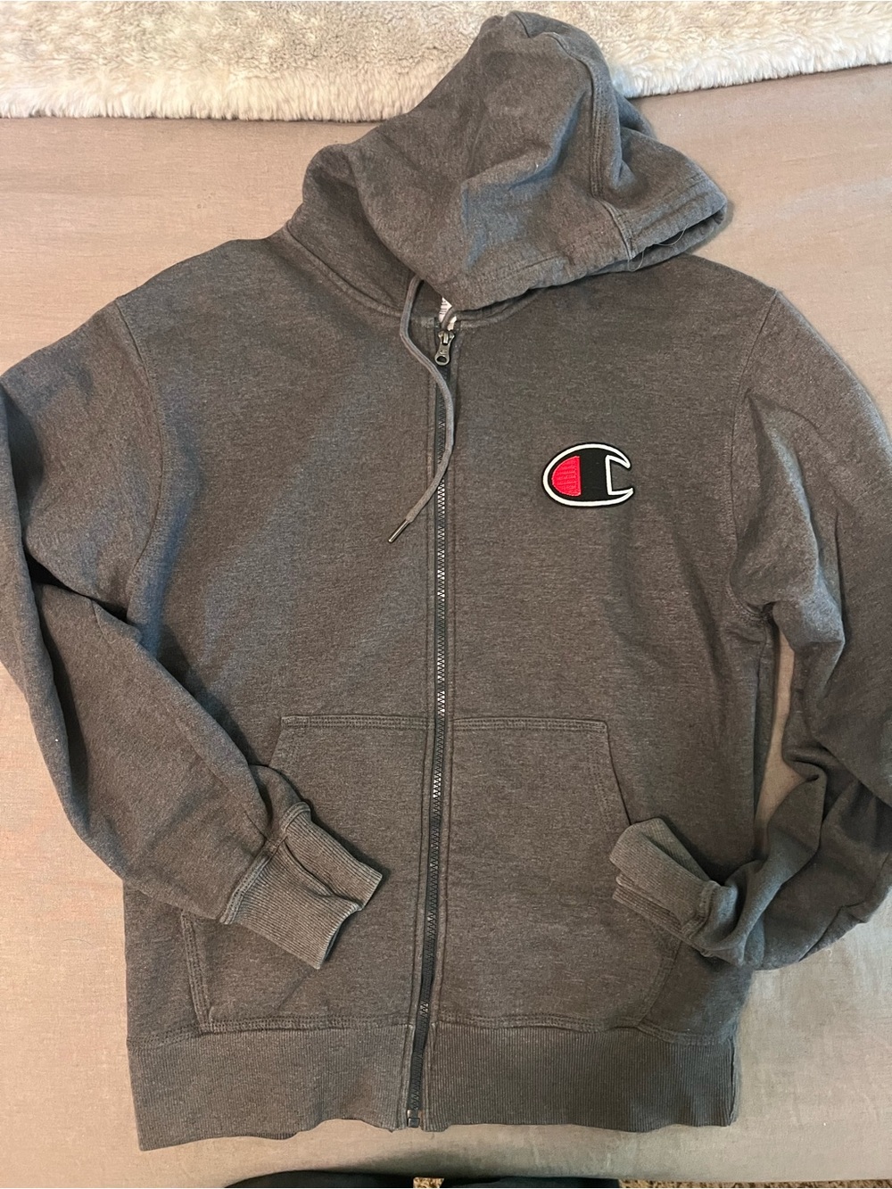 Champion Dark Gray Zip Hoodie with Embroidered Logo